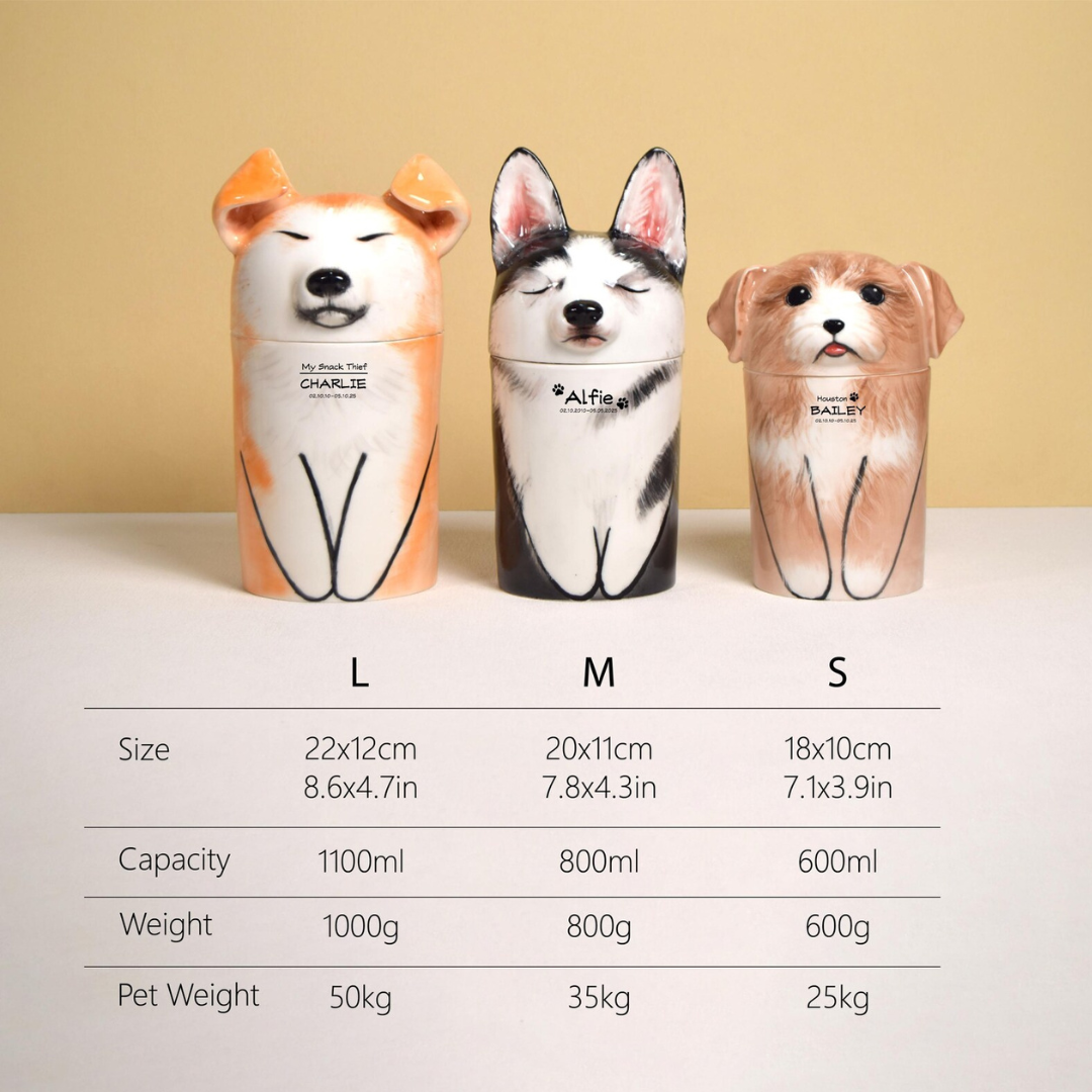 Three dog-shaped tumblers with a size and capacity chart on a beige background