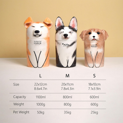 Three dog-shaped tumblers with a size and capacity chart on a beige background