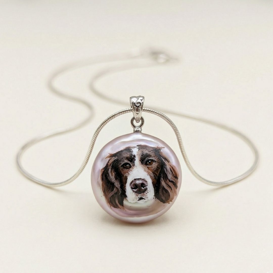 Hand-Painted Custom Pet Portrait Necklace – Natural Pearl Sterling Silver Pendant