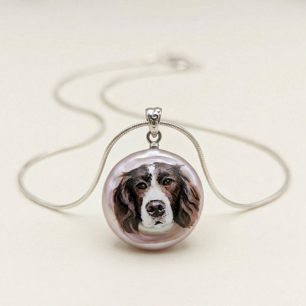 Hand-Painted Custom Pet Portrait Necklace – Natural Pearl Sterling Silver Pendant