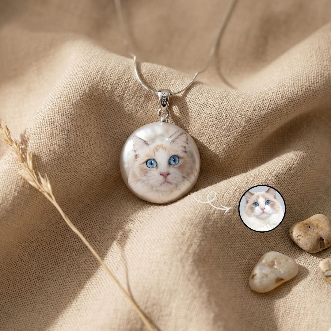 Hand-Painted Custom Pet Portrait Necklace – Natural Pearl Sterling Silver Pendant