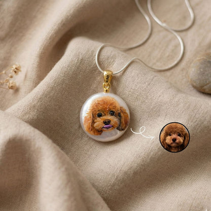 Hand-Painted Custom Pet Portrait Necklace – Natural Pearl Sterling Silver Pendant