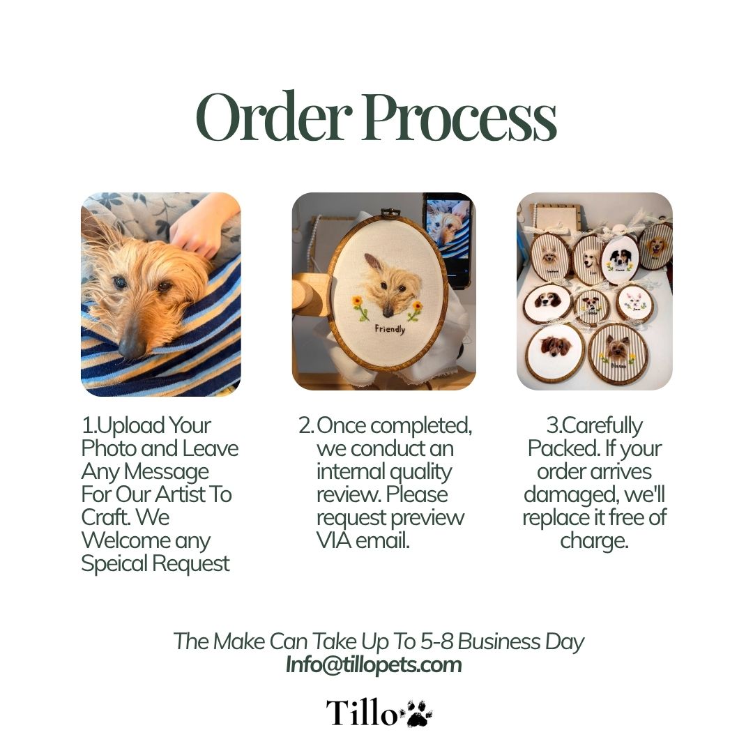 An informational graphic titled 'Order Process' on a white background, with three photo panels and text explaining the steps to order custom pet embroidery with the brand name Tillo at the bottom.