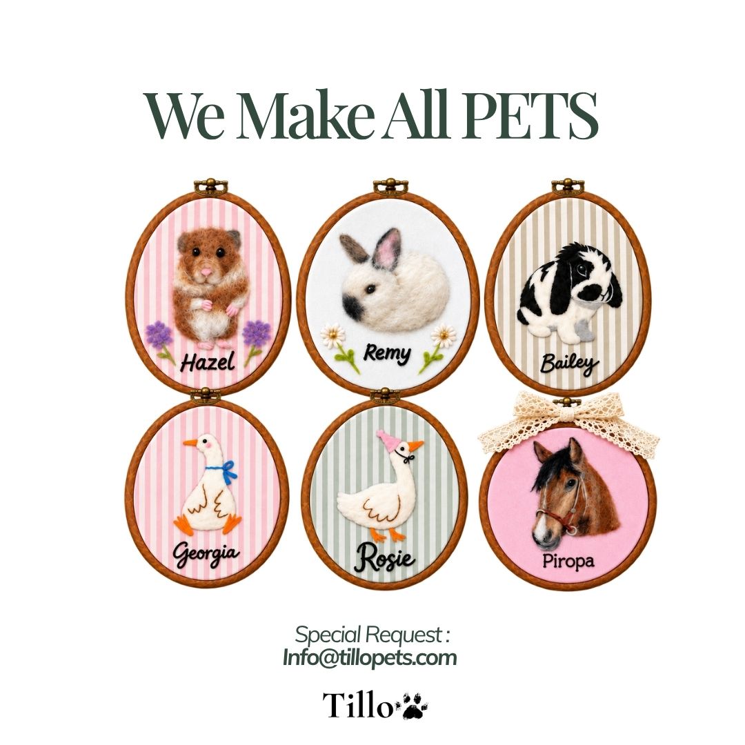 A promotional graphic showing six embroidered pet portraits in oval wooden hoops on a white background, with the text 'We Make All PETS' at the top and Tillo branding at the bottom. The portraits include a hamster labeled Hazel, a rabbit labeled Remy, a black-and-white dog labeled Bailey, a duck labeled Georgia, a goose labeled Rosie, and a horse labeled Piropa.
