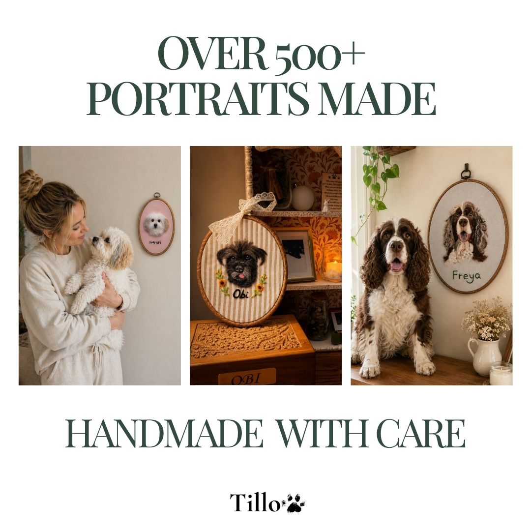 Promotional graphic for a pet portrait embroidery kit, featuring three panels of finished dog portraits: a woman holding a small white dog, an oval wooden hanging with a black dog portrait, and a larger round portrait of a brown and white dog named Freya. Text reads 'OVER 500+ PORTRAITS MADE', 'HANDMADE WITH CARE', and the brand 'Tillo' at the bottom.