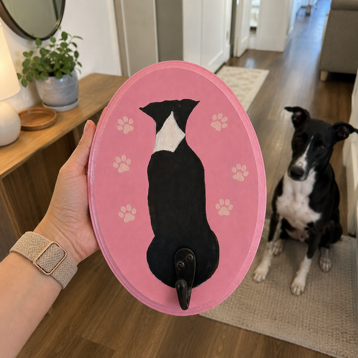 Custom Hand-Painted Pet Portrait Wall Leash Holder & Key Hanger