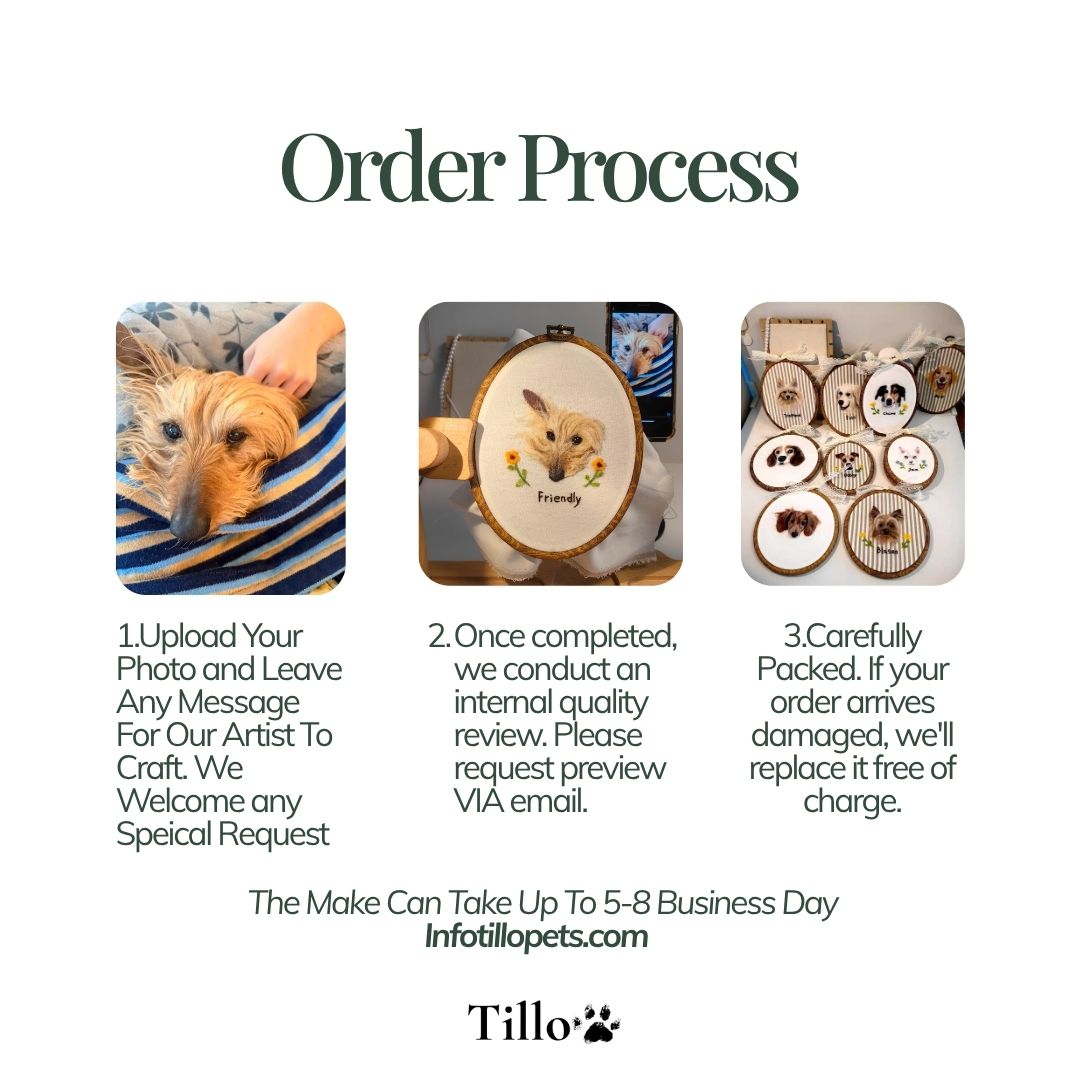 An informational graphic titled 'Order Process' with three photo panels and explanatory text about uploading a pet photo, receiving a custom embroidered design, and the package being carefully packed. Brand name Tillo and website Infotillopets.